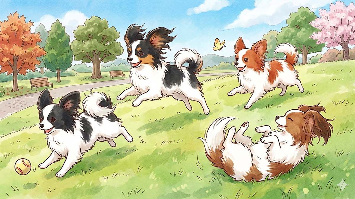 白黒・茶白・トライカラーの3種類の毛色のパピヨンが、公園の芝生でボールや蝶と元気に遊んでいるイラスト