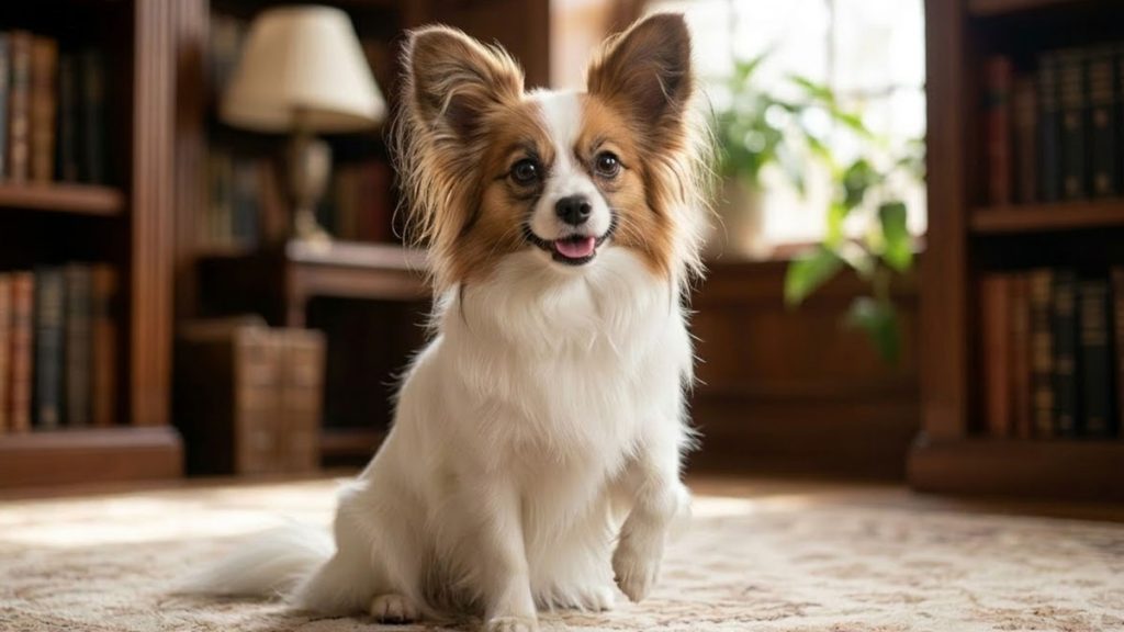 ホワイト＆セーブルのパピヨン。茶色の毛に黒い差し毛が混ざったセーブルカラーで、成長とともに色が変わりやすいタイプ