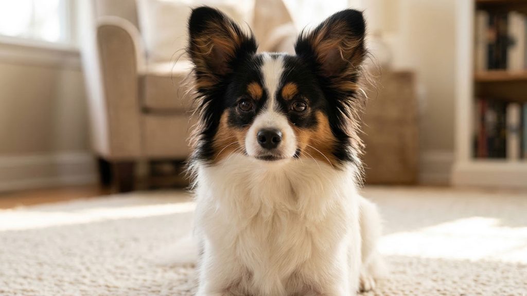 トライカラーのパピヨン。白・黒・茶（タン）の3色が入り、目の上にタンが入って眉毛のように見える