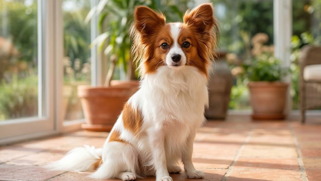 茶白（ホワイト＆レッド／ホワイト＆ブラウン）のパピヨン。耳と体に赤みがかった茶色が入った王道カラー