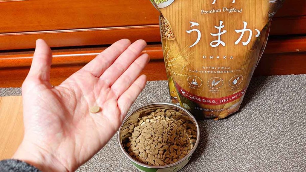 うまかのドッグフードを手のひらに1粒乗せてサイズを確認している写真。隣にはステンレスのお皿に盛られたフードとうまかの1.5kg袋が写っている。
