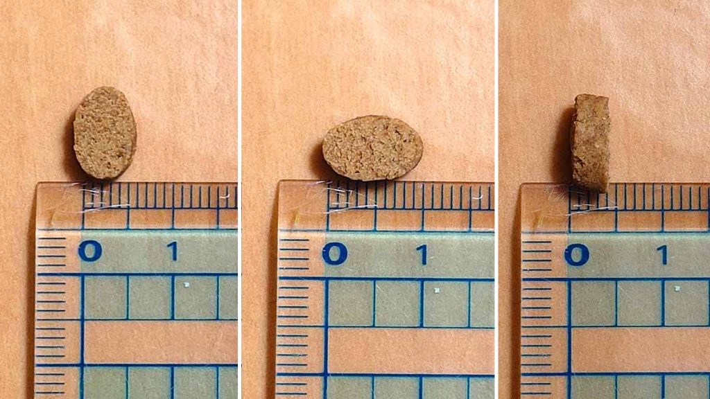 うまかドッグフードの粒を定規で計測している3枚の比較写真。左から「縦1cm」「横5mm」「厚み3mm」のサイズが分かるようになっている。