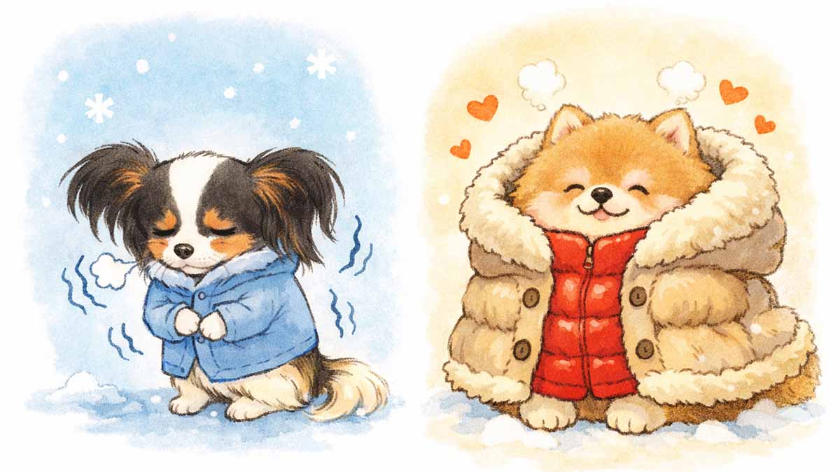 薄手のコート1枚で寒そうに震えるパピヨンと、ダウンコートの上にさらにコートを重ねて暖かそうにしているポメラニアンを並べた、絵本風のやわらかいイラスト