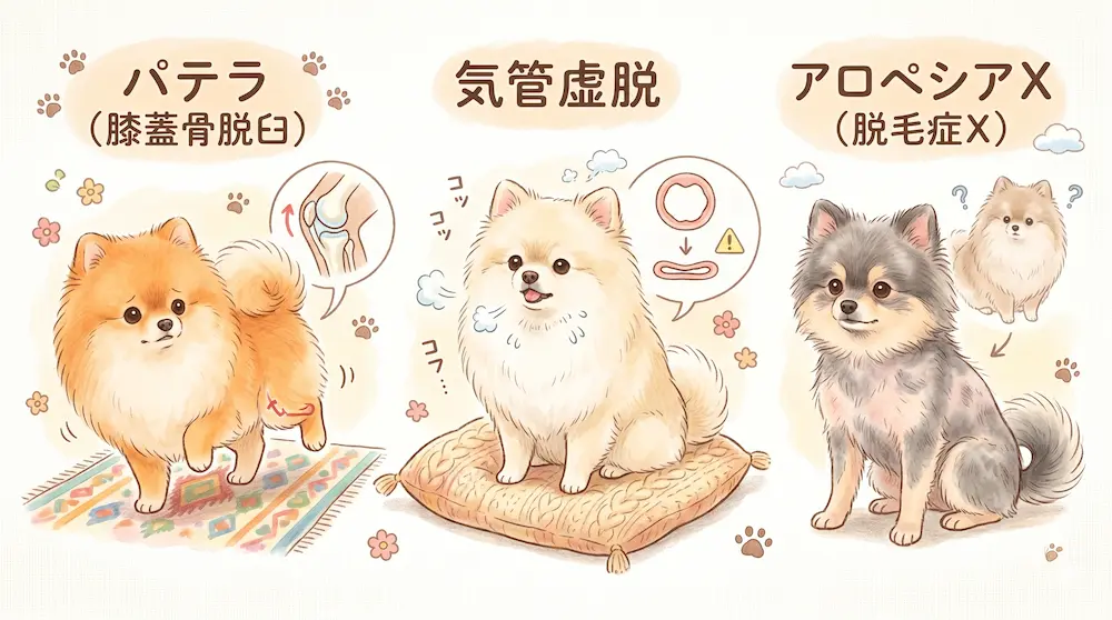 ポメラニアンで気をつけたい代表的な3つの病気(パテラ・気管虚脱・アロペシアX)の症状を分かりやすく描いた図解イラスト
