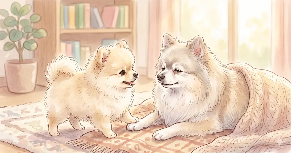 若いポメラニアンとシニアのポメラニアンが優しく見つめ合う、絵本のような温かいイラスト。ポメラニアンの寿命と健やかな暮らしをイメージしたアイキャッチ画像。