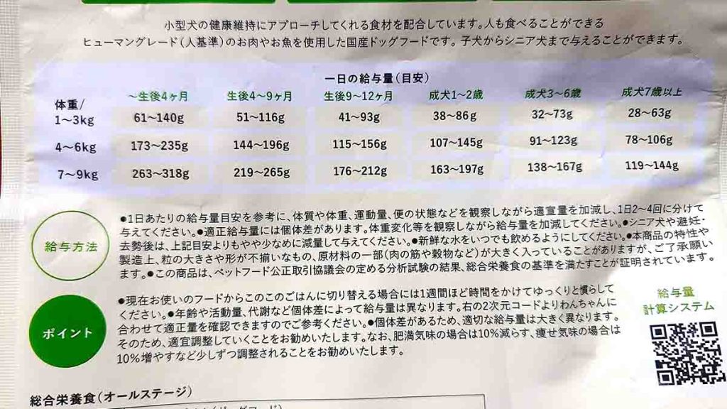 「このこのごはん」パッケージ裏面の原材料名欄。鶏肉(ささみ、胸肉、レバー)から始まり、鹿肉、まぐろ、青パパイヤ末、モリンガなどが記載されている