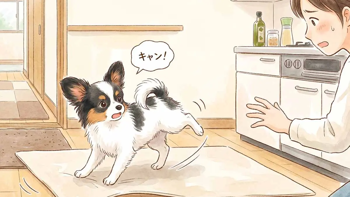 キッチンで、滑り止めのない仮の薄手マットに乗って足を滑らせ、右後ろ足を高く上げて驚いた顔で「キャン！」と痛がっているパピヨン犬。心配そうに駆け寄ろうとする飼い主の驚いた表情と伸びた手。
