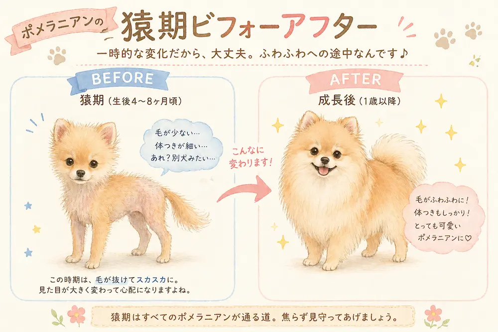 猿期で毛が少なく見える子犬のポメラニアンと、成長後にふわふわになったポメラニアンを比較したイラスト