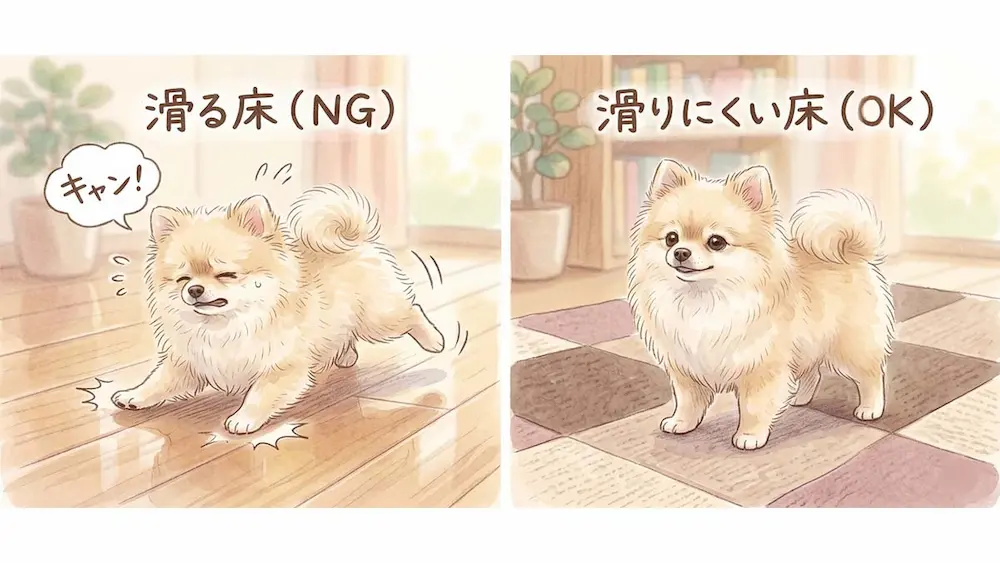 ポメラニアンがフローリングで滑って足を痛めている様子(NG)と、タイルマットの上で安定して立っている様子(OK)の比較イラスト 。小型犬のパテラ(膝蓋骨脱臼)予防に欠かせない、滑らない床づくりの重要性を表現しています 。