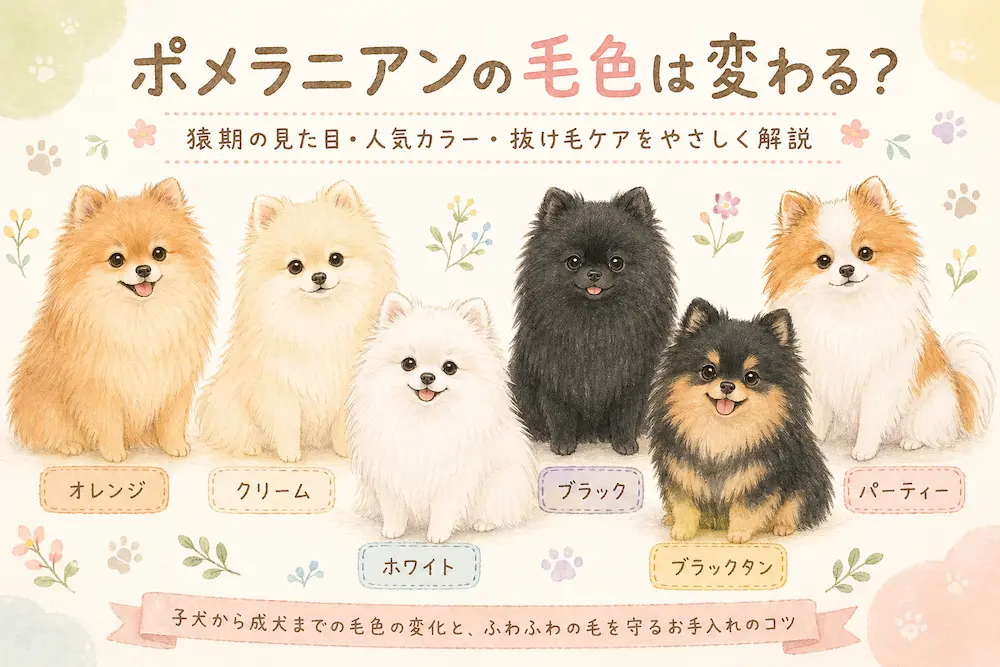 オレンジ、クリーム、ホワイト、ブラック、ブラックタン、パーティーのポメラニアンを並べた毛色解説用のイラスト