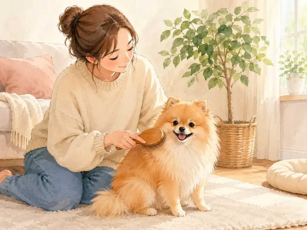 飼い主にブラッシングされて気持ちよさそうに座るオレンジ色のポメラニアンのイラスト