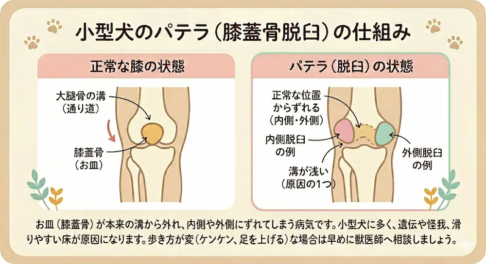 小型犬のパテラ（膝蓋骨脱臼）の仕組みを図解したイラスト。正常な膝と、溝が浅いことでお皿が外れてしまう脱臼状態を比較しています。