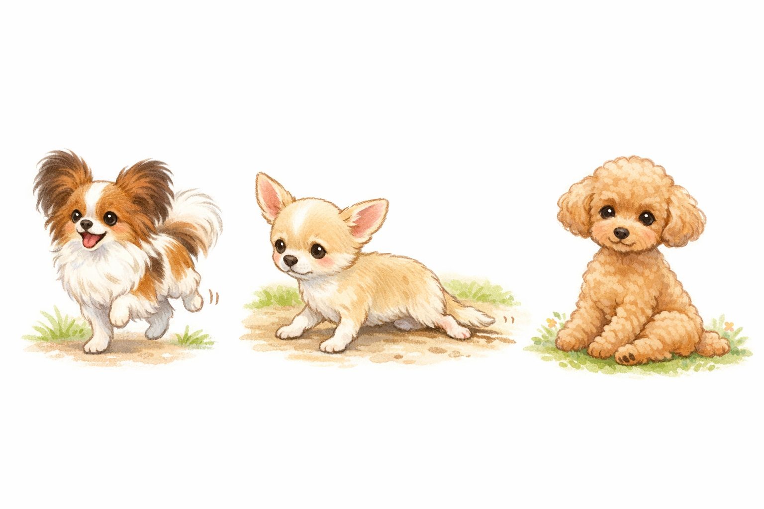 絵本のような柔らかいタッチの小型犬のイラスト。パテラ（膝蓋骨脱臼）を発症した、左からパピヨン、チワワ、トイプードルの3匹が並んでいる。パピヨンは片後ろ脚を浮かせて3本足で歩き、チワワは後ろ脚を地面につけず引きずるように伏せ、トイプードルはお姉さん座り（横座り）をしている典型的な仕草を描いている。