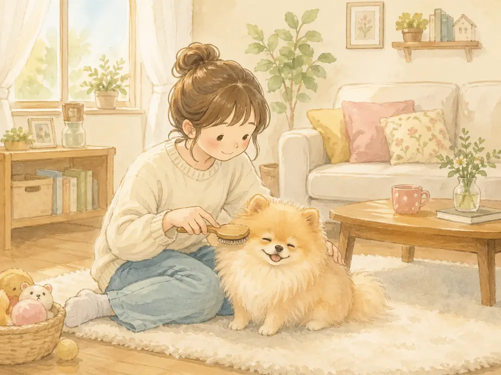 リビングで女性がポメラニアンをやさしくブラッシングしているイラスト。ポメラニアンの毛並みを整え、スキンシップをとる様子。