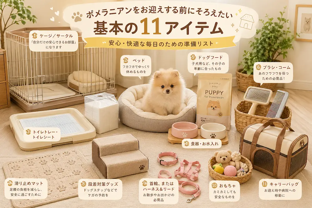 ポメラニアンのお迎え前に揃えたい基本アイテム11選（ケージ、ベッド、トイレ、食器、フード、ブラシ、滑り止めマット、段差対策、首輪・リード、おもちゃ、キャリーバッグ）をまとめた一覧画像