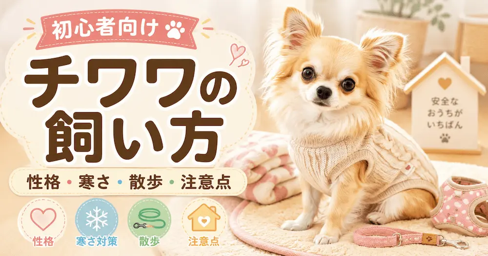 服を着たチワワと飼育ポイントのアイコンで、初心者向けのチワワの飼い方を紹介するアイキャッチ画像。