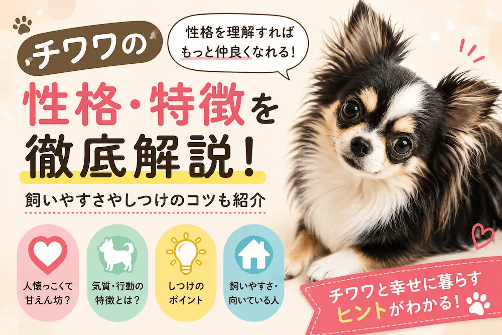 チワワの性格や特徴を解説するアイキャッチ画像。黒と白のチワワと、甘えん坊・気質・しつけ・飼いやすさを示すアイコンが描かれている。